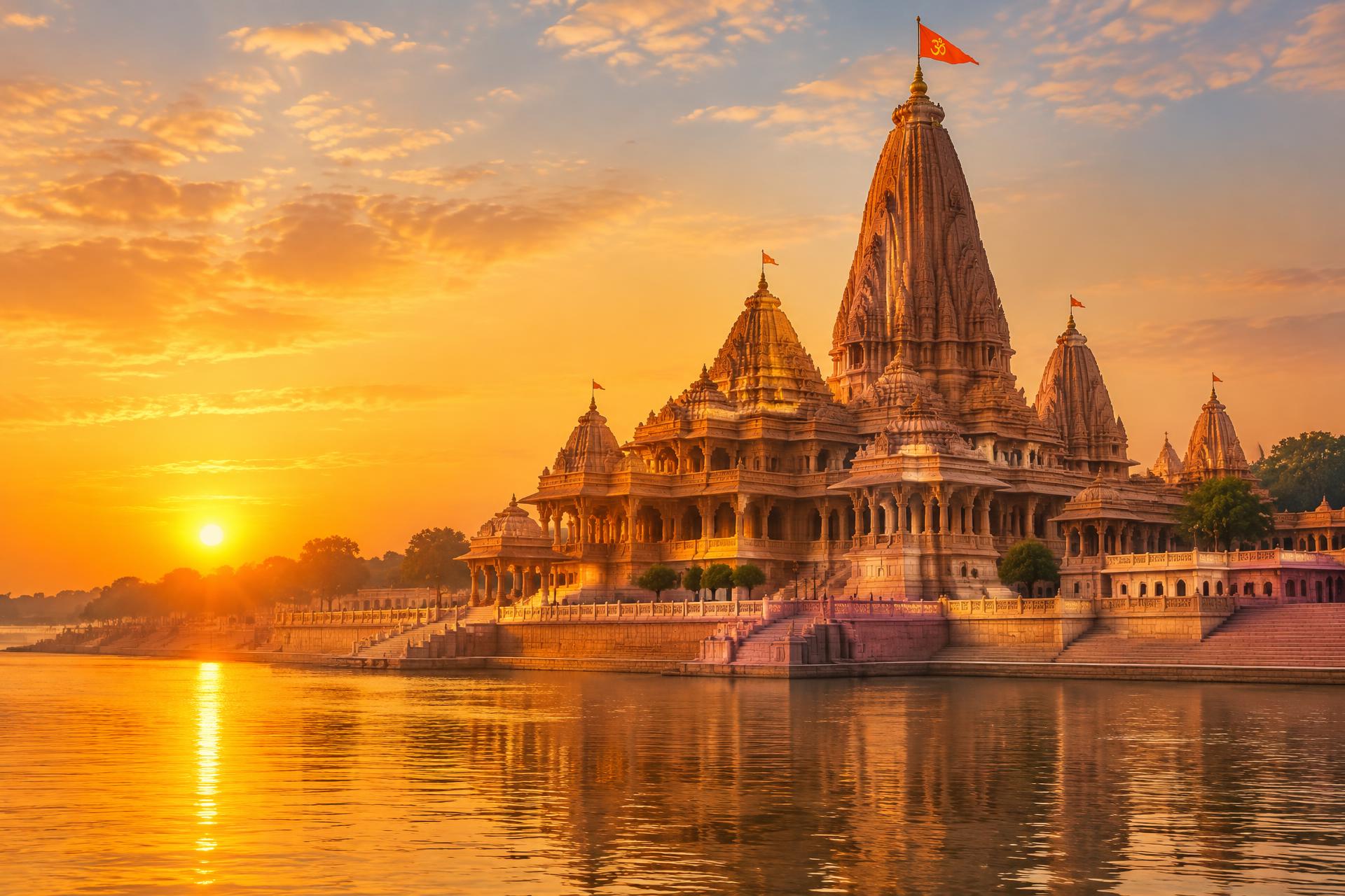 Ram Mandir shikharas at golden sunrise over the Saryu river
